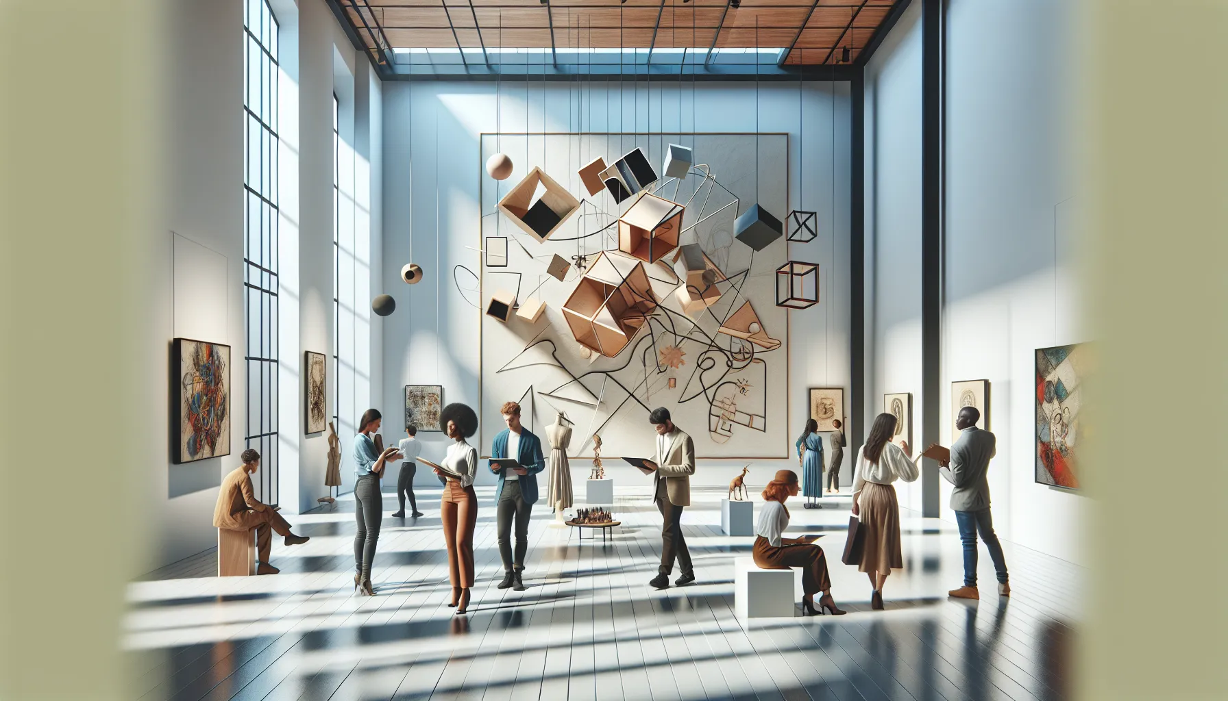 diverse artists engage with abstract art in a modern gallery setting.