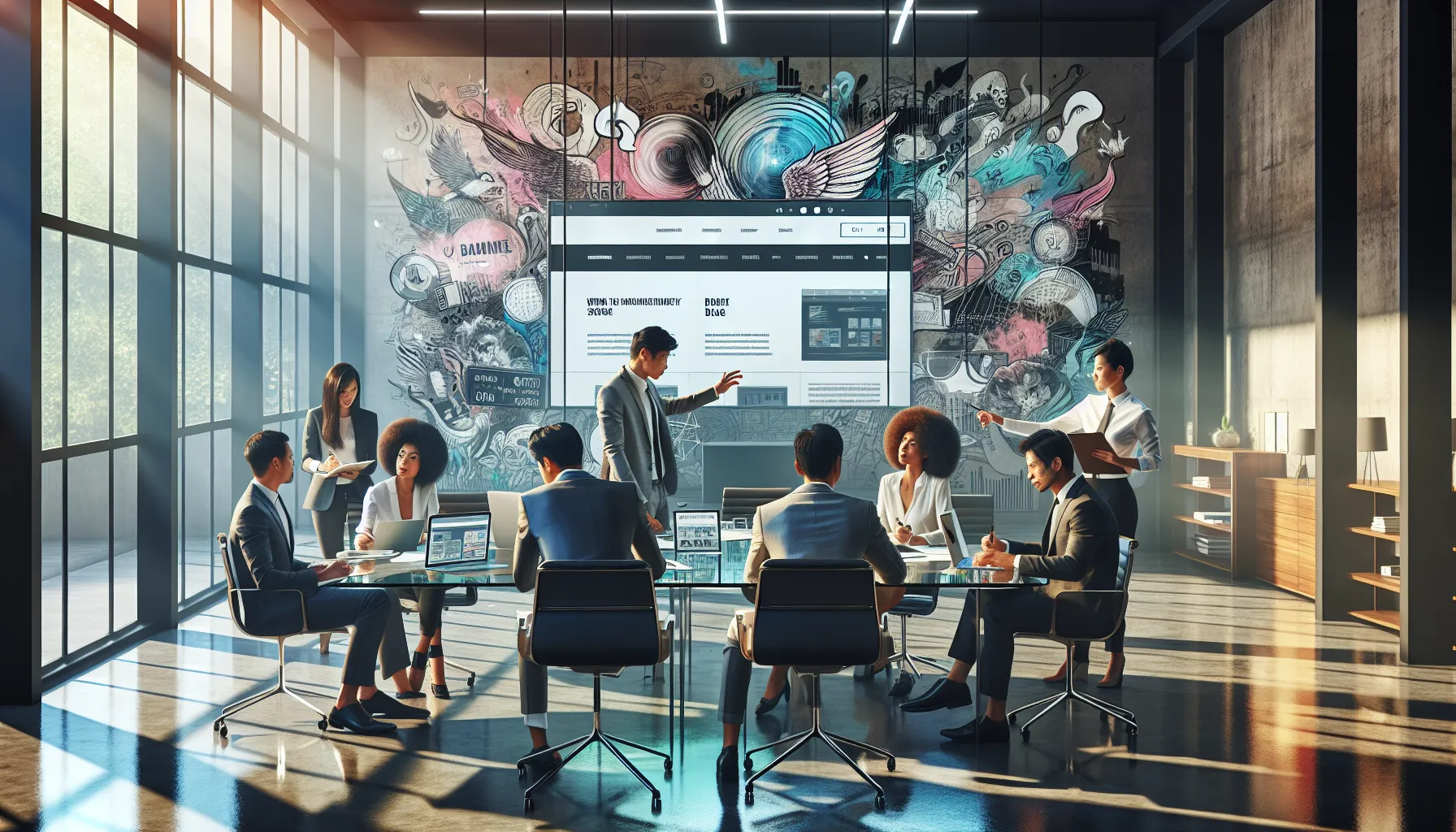 diverse professionals collaborating in a modern office setting.