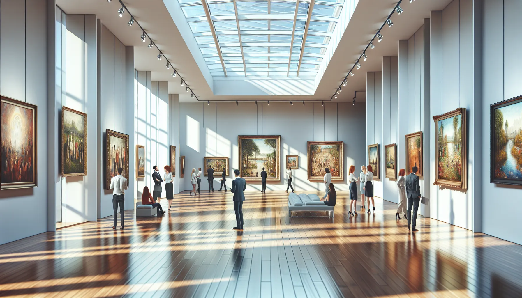 interior of Arcagallerdate Gallery with diverse visitors admiring oil paintings.