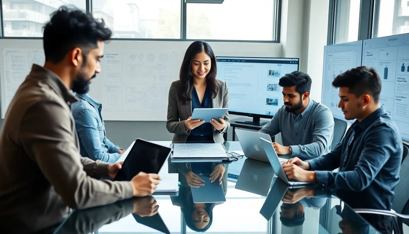 diverse product team collaborating in a modern office.
