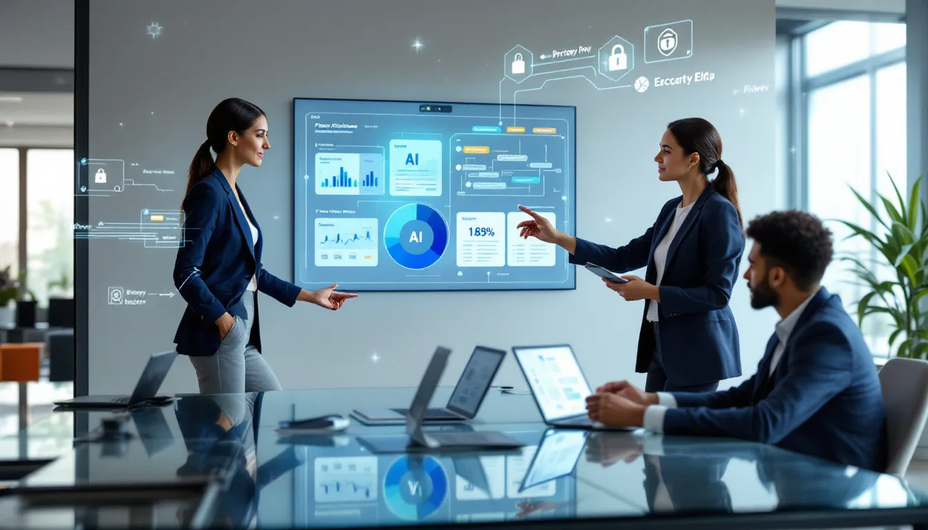 Diverse professionals collaborating on responsible AI principles in modern office setting.