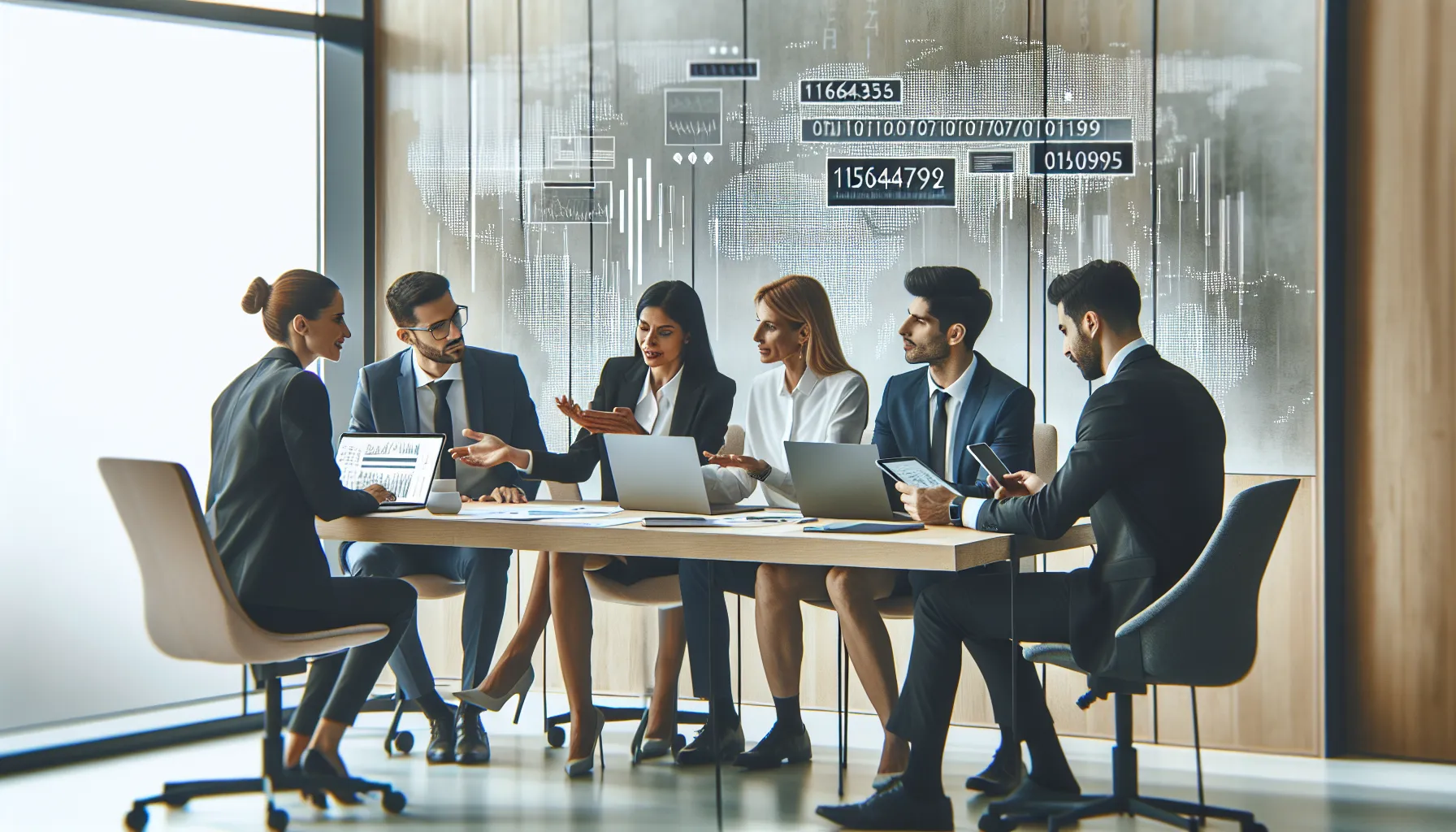 team of professionals discussing data analysis in a modern office.