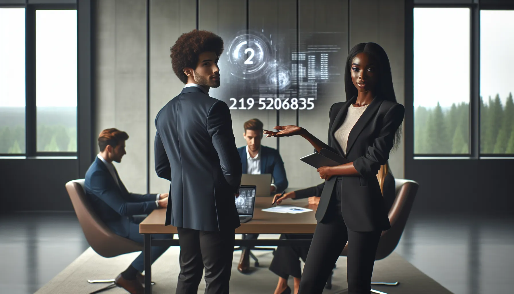 professionals discussing technology in a modern office setting.