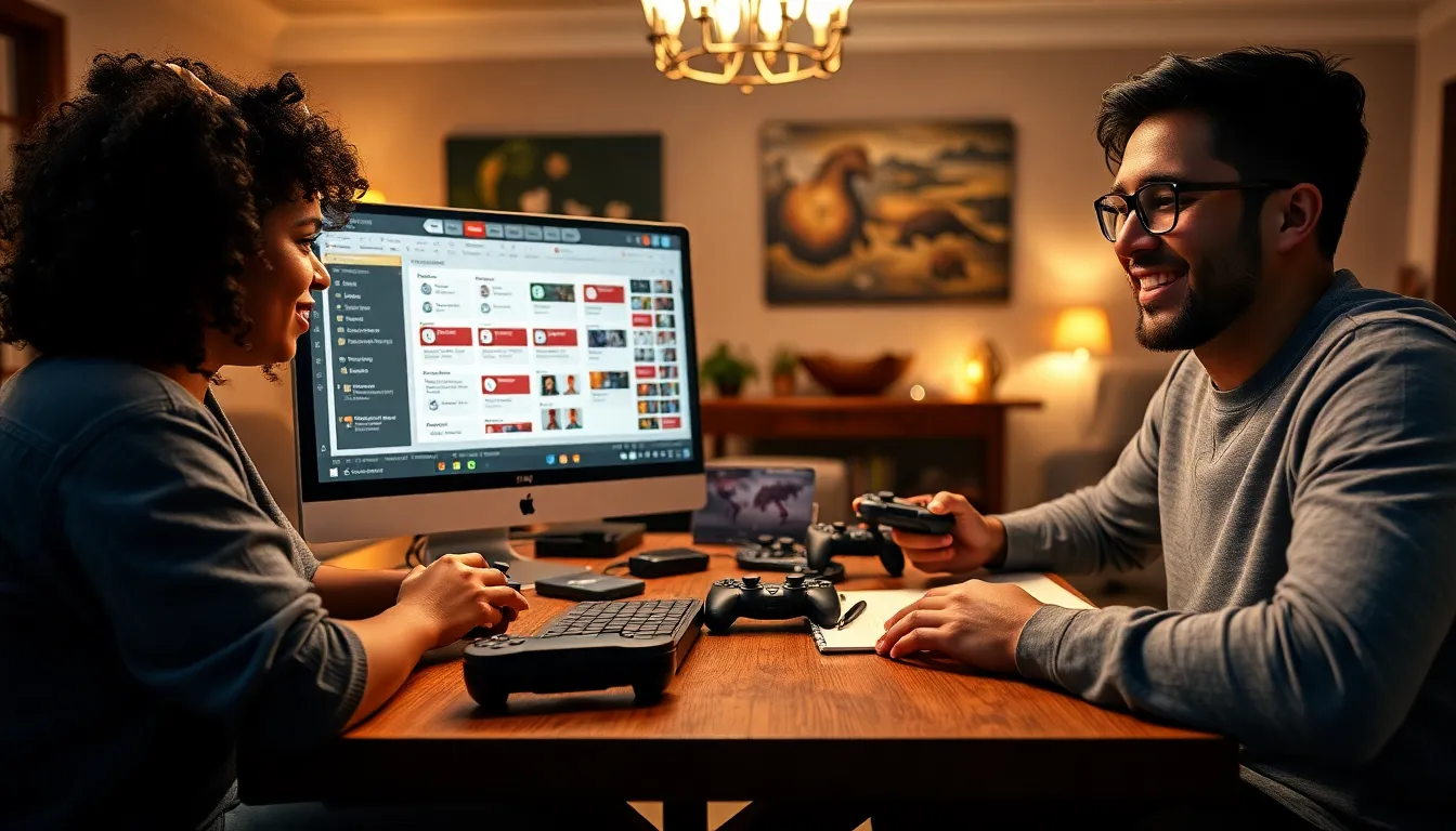 gamers collaborating on the Ck2Generator application in a cozy living room.