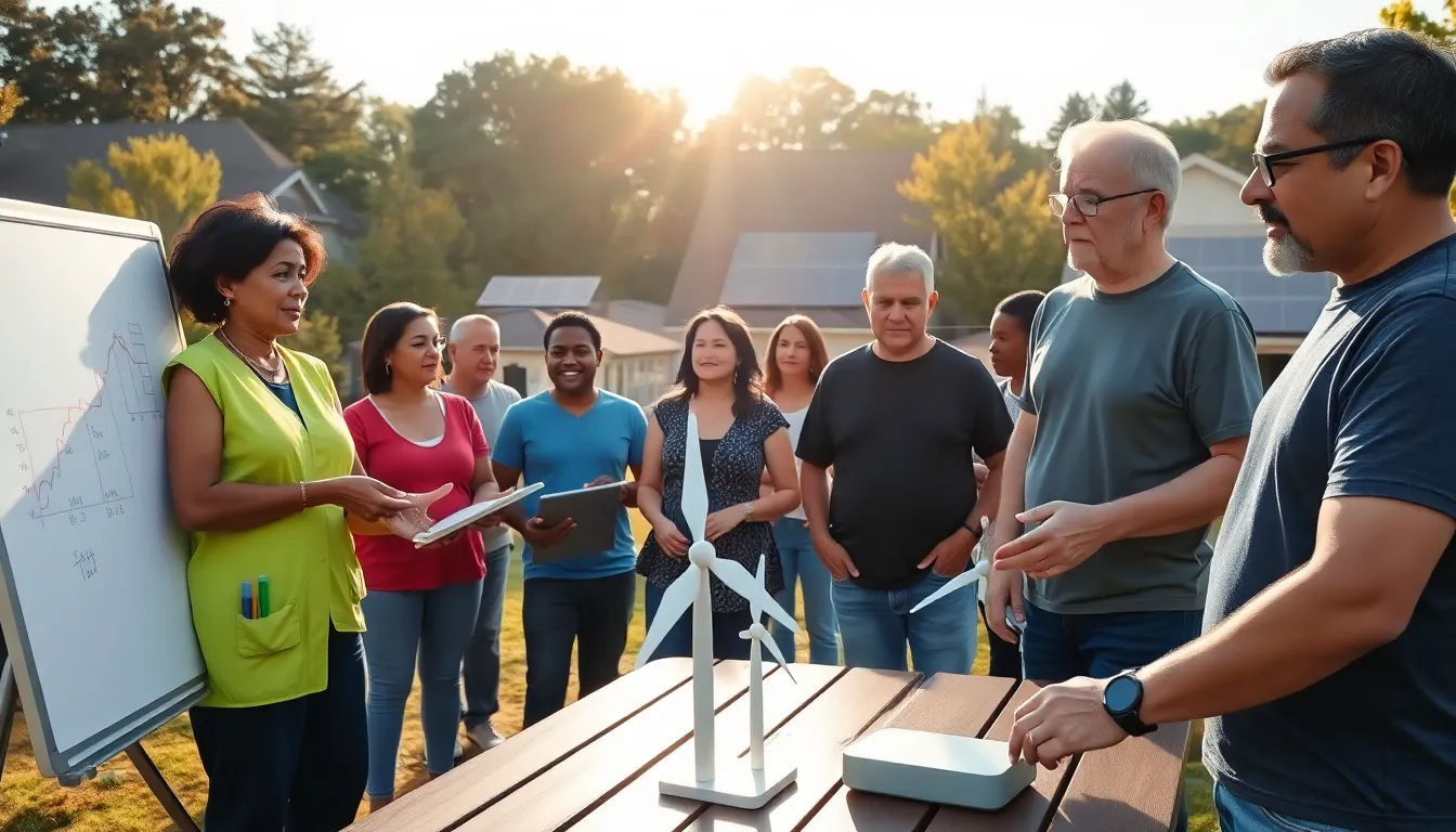 community members discussing renewable energy solutions in a park.