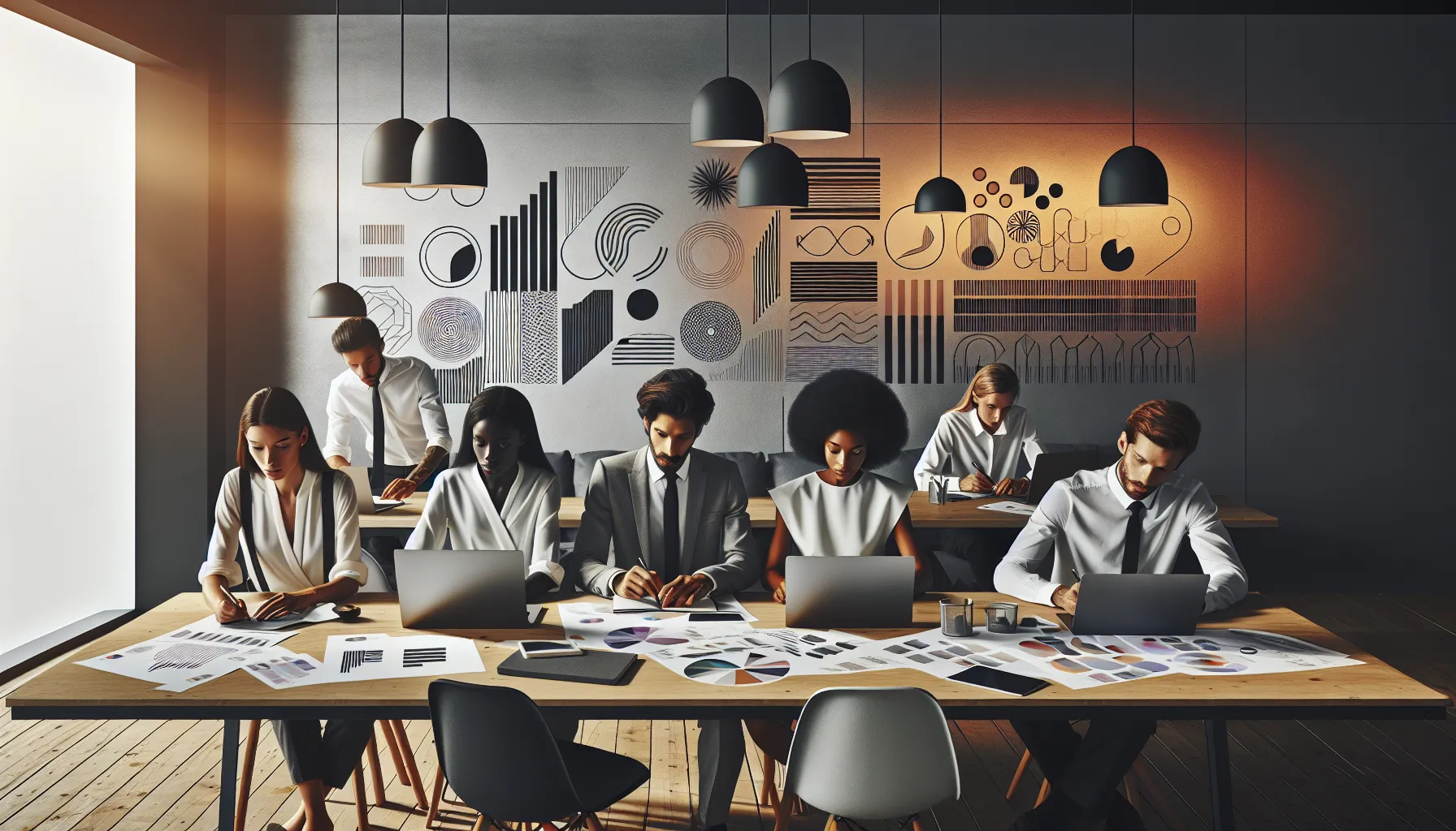 Diverse professionals collaborating in a modern graphic design workspace.