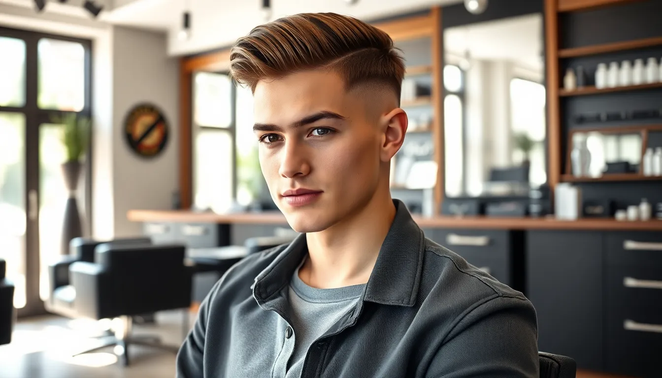 man with mid fade taper hairstyle in a modern barbershop.