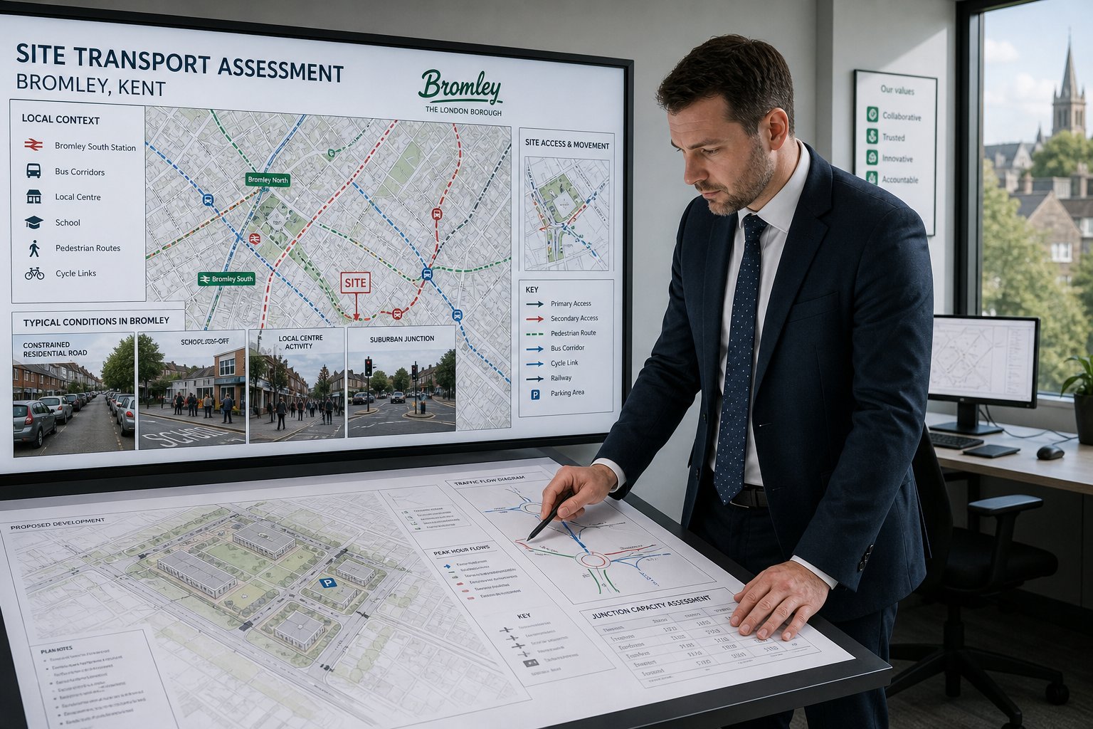 Traffic engineer reviewing Bromley street and planning conditions in a modern office.