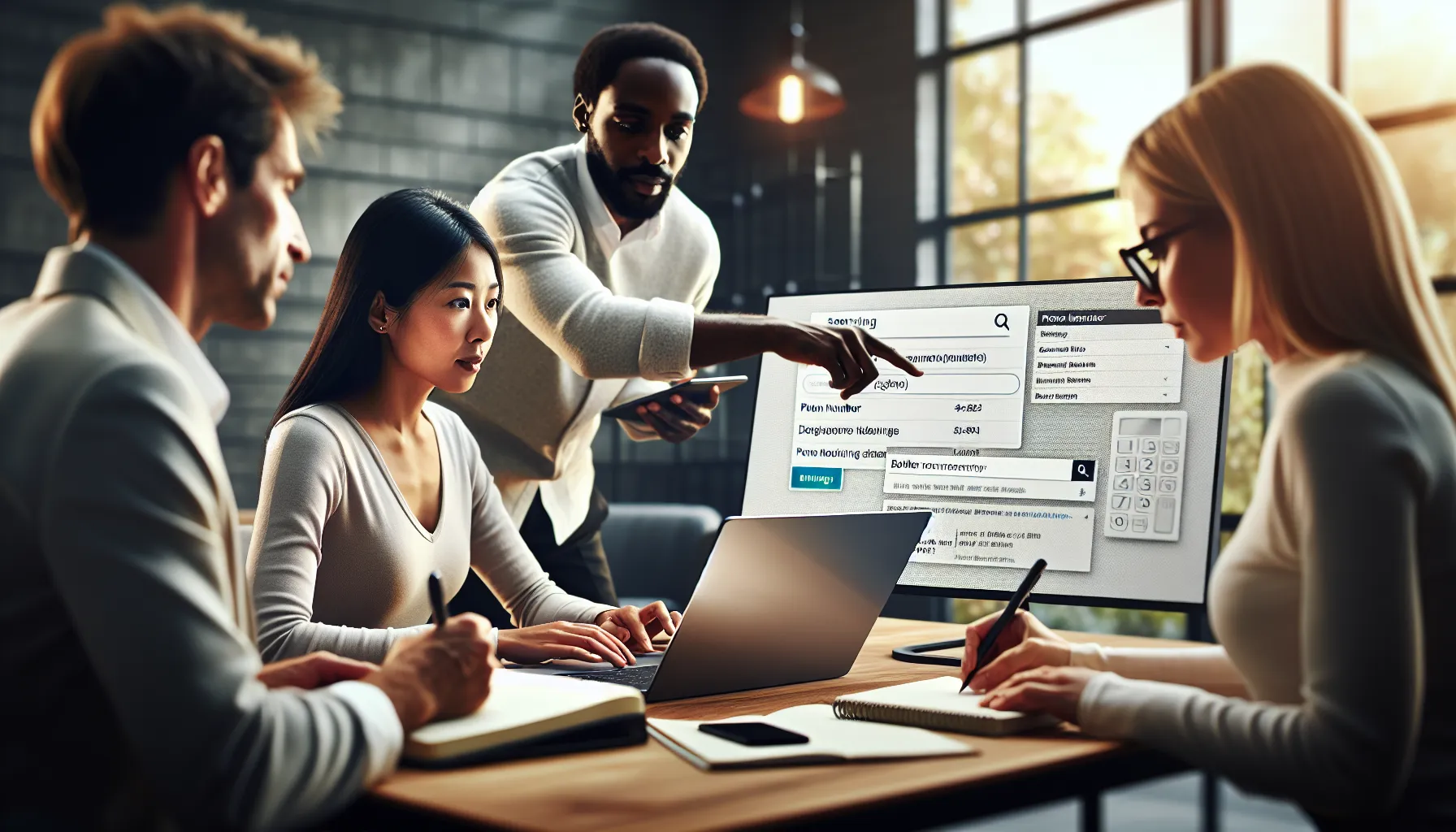 professionals researching phone numbers in a modern office