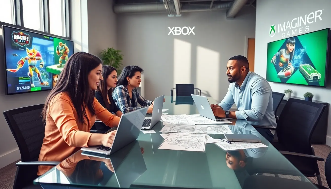 diverse team collaborating in a modern gaming studio.