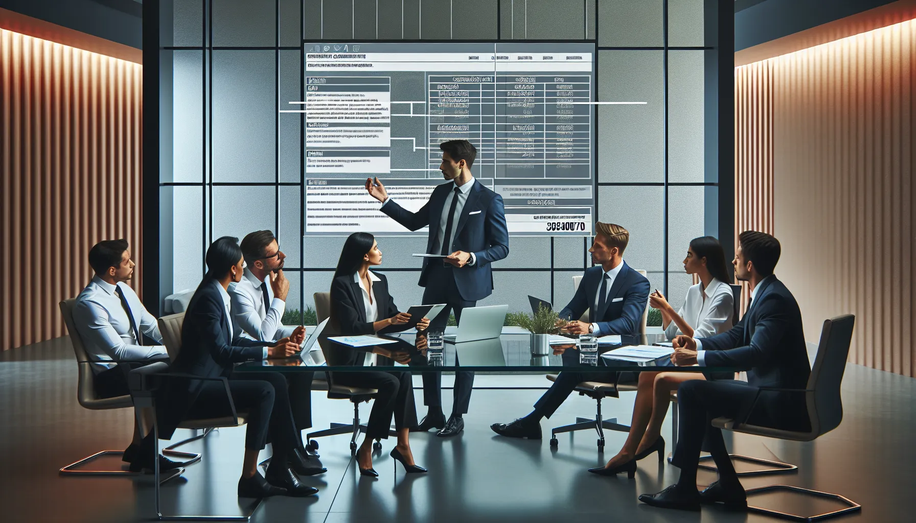 professionals discussing regulatory compliance standards in a modern conference room.