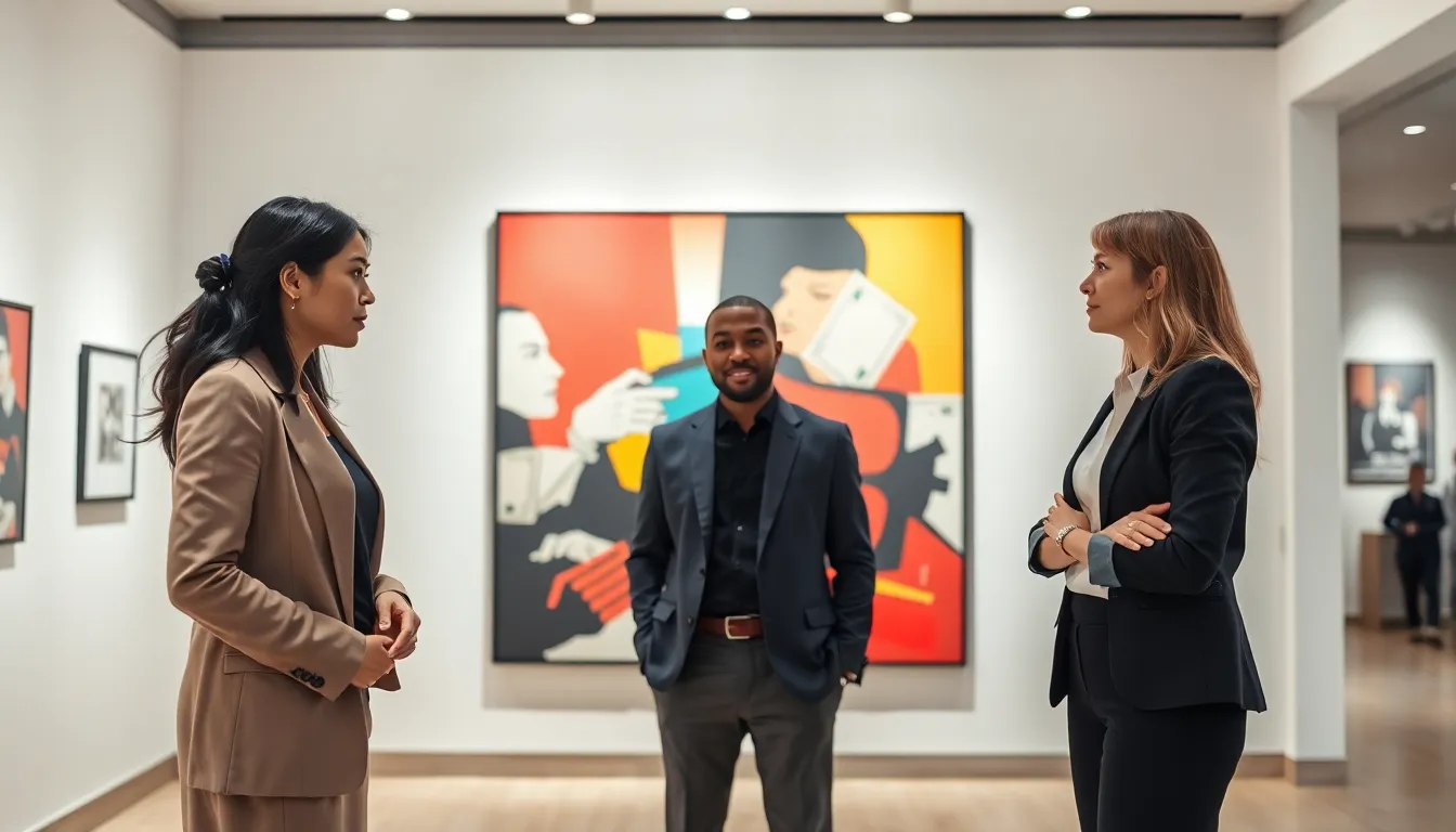 professionals discussing contemporary art in a modern gallery.