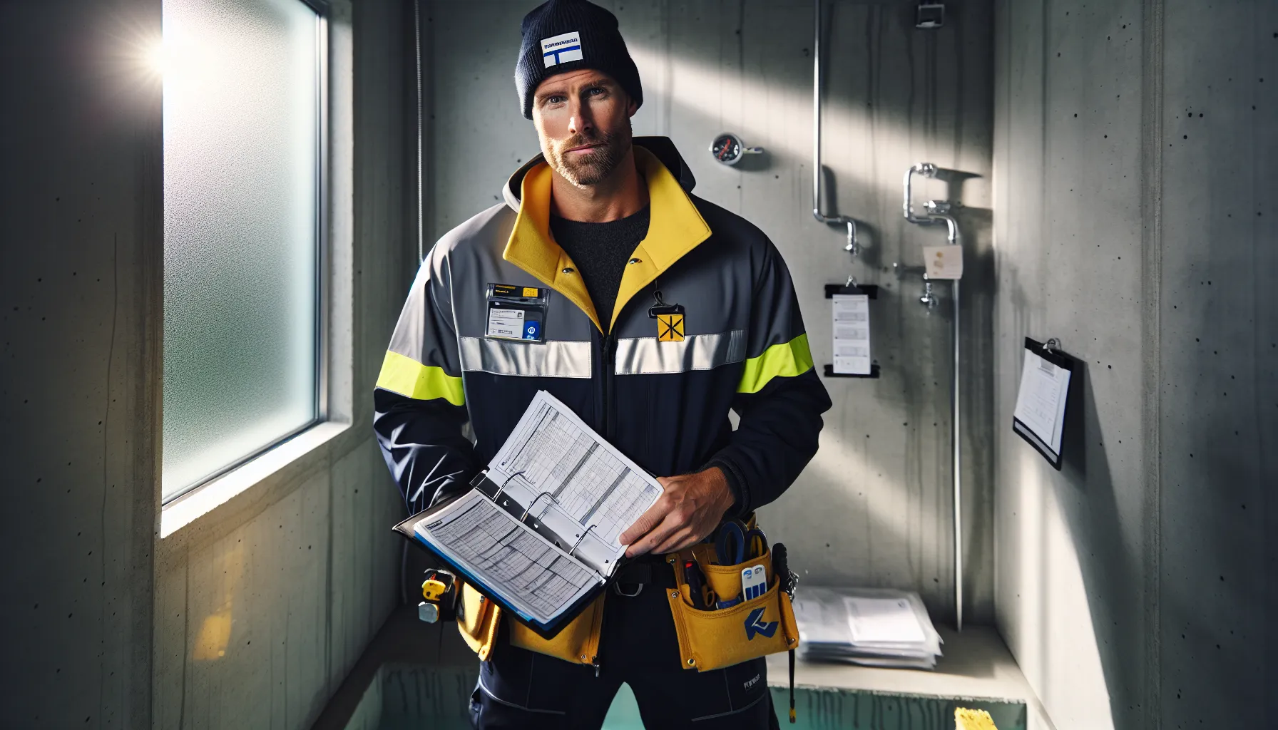 Norwegian plumber presenting certifications in an unfinished wet room with compliant details.