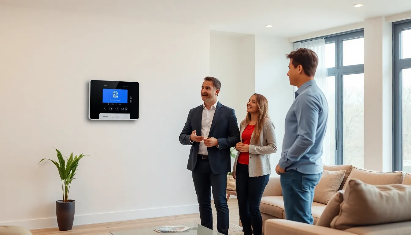 A security professional explaining a free home alarm system to a couple.