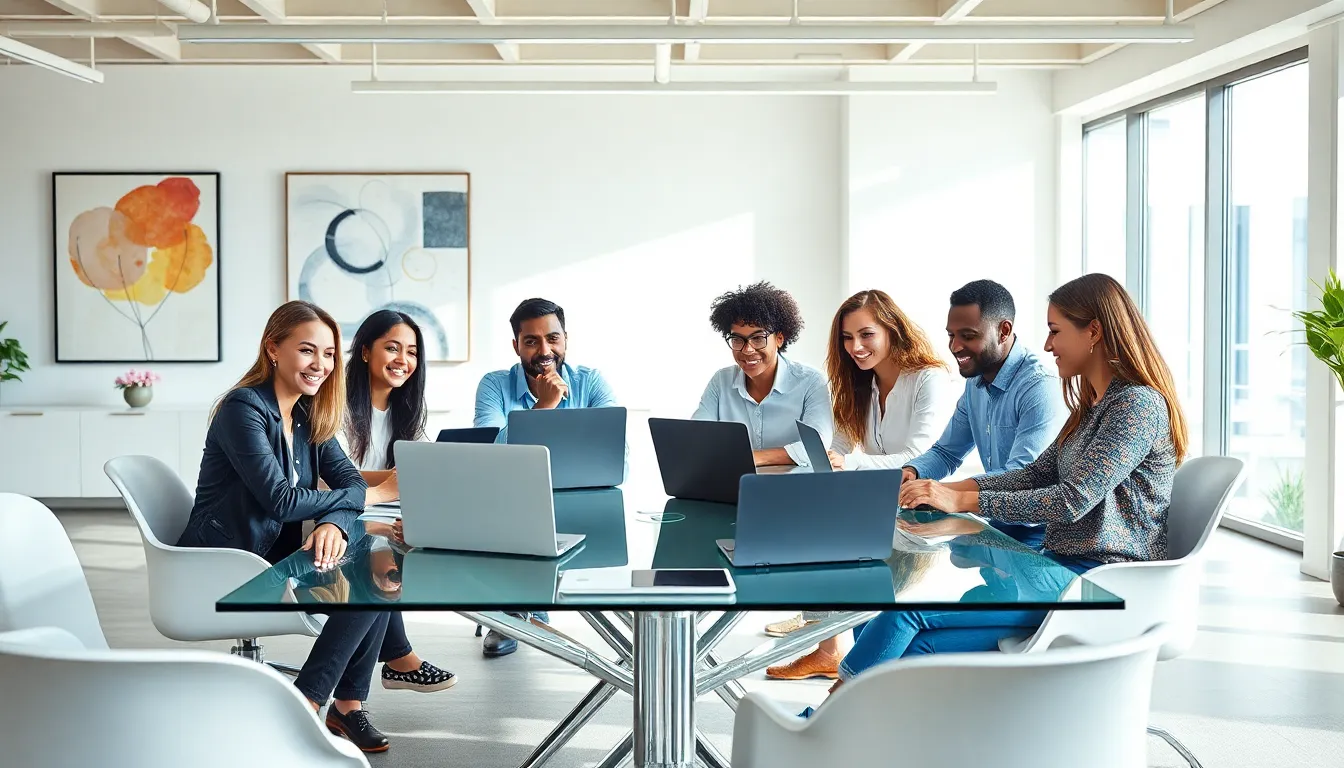 diverse professionals collaborating in a modern digital workspace.
