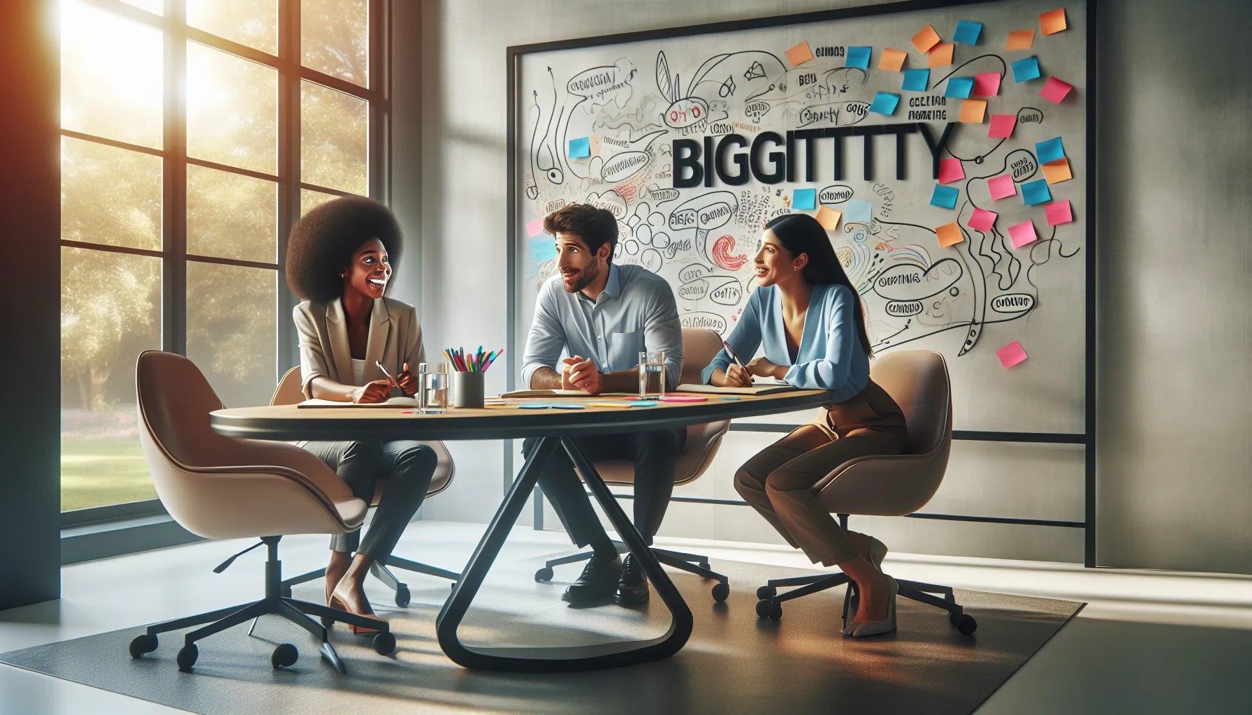 diverse team brainstorming in a bright, modern office.