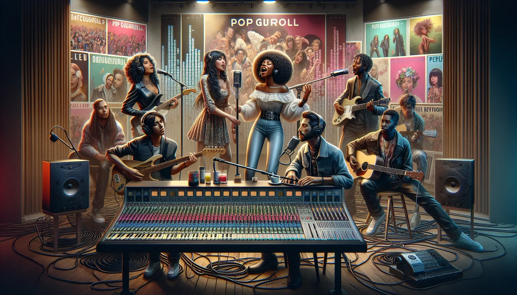 diverse artists collaborating in a modern music studio.