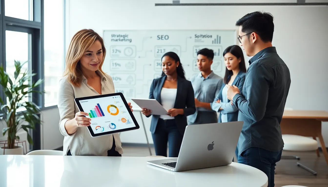 diverse team discussing a digital marketing proposal in a modern office.
