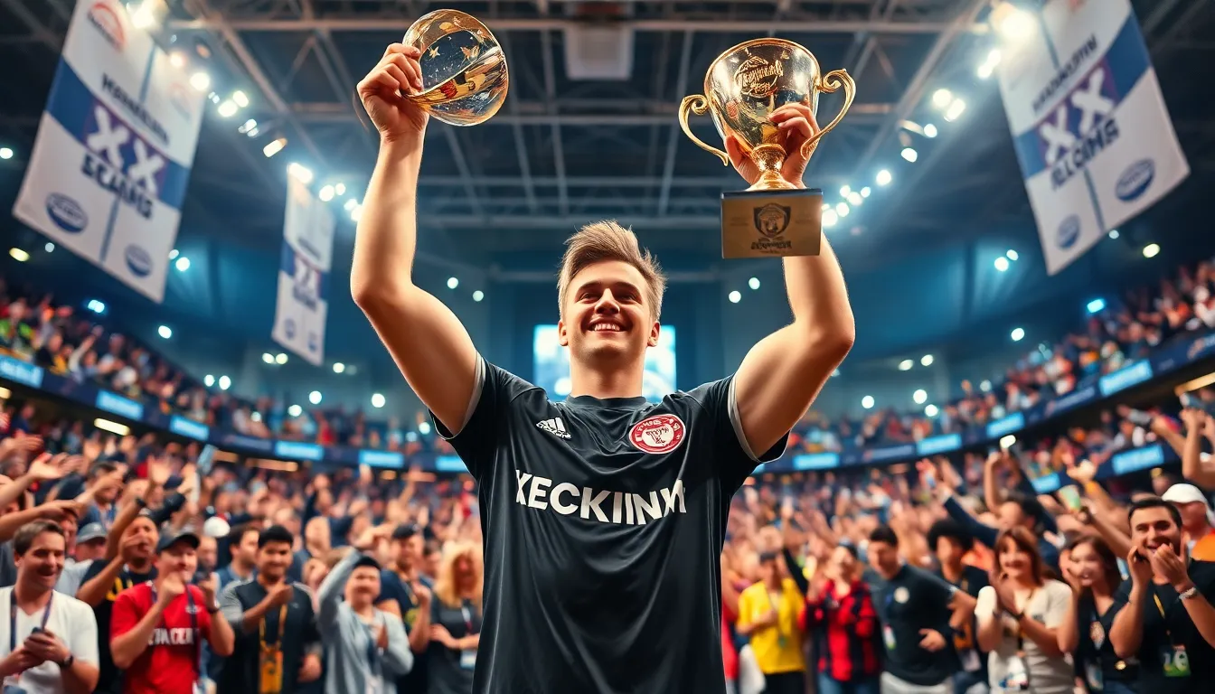 Yelldivgenstein celebrating a championship victory in a vibrant sports arena.