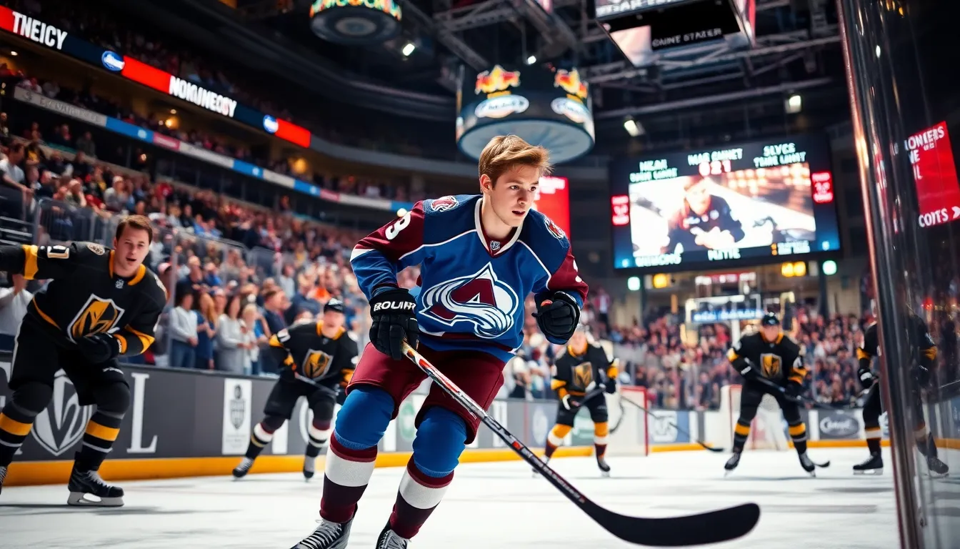 Nathan MacKinnon skating during a hockey game with fans cheering.