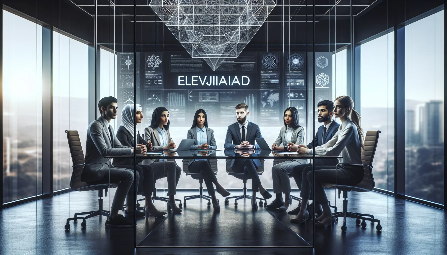 diverse professionals discussing Elevjihad in a modern office setting.