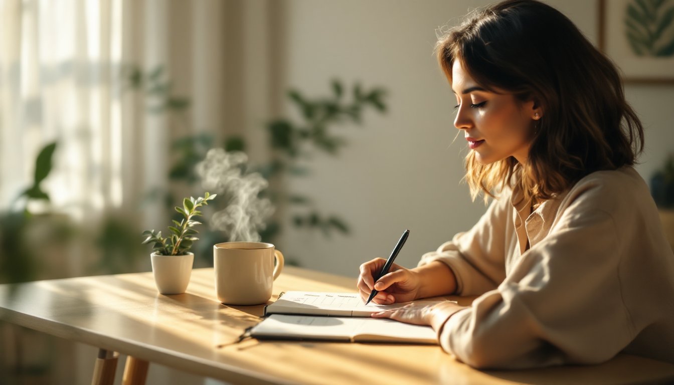 A woman journaling her daily energy levels at a sunlit home desk with tea.