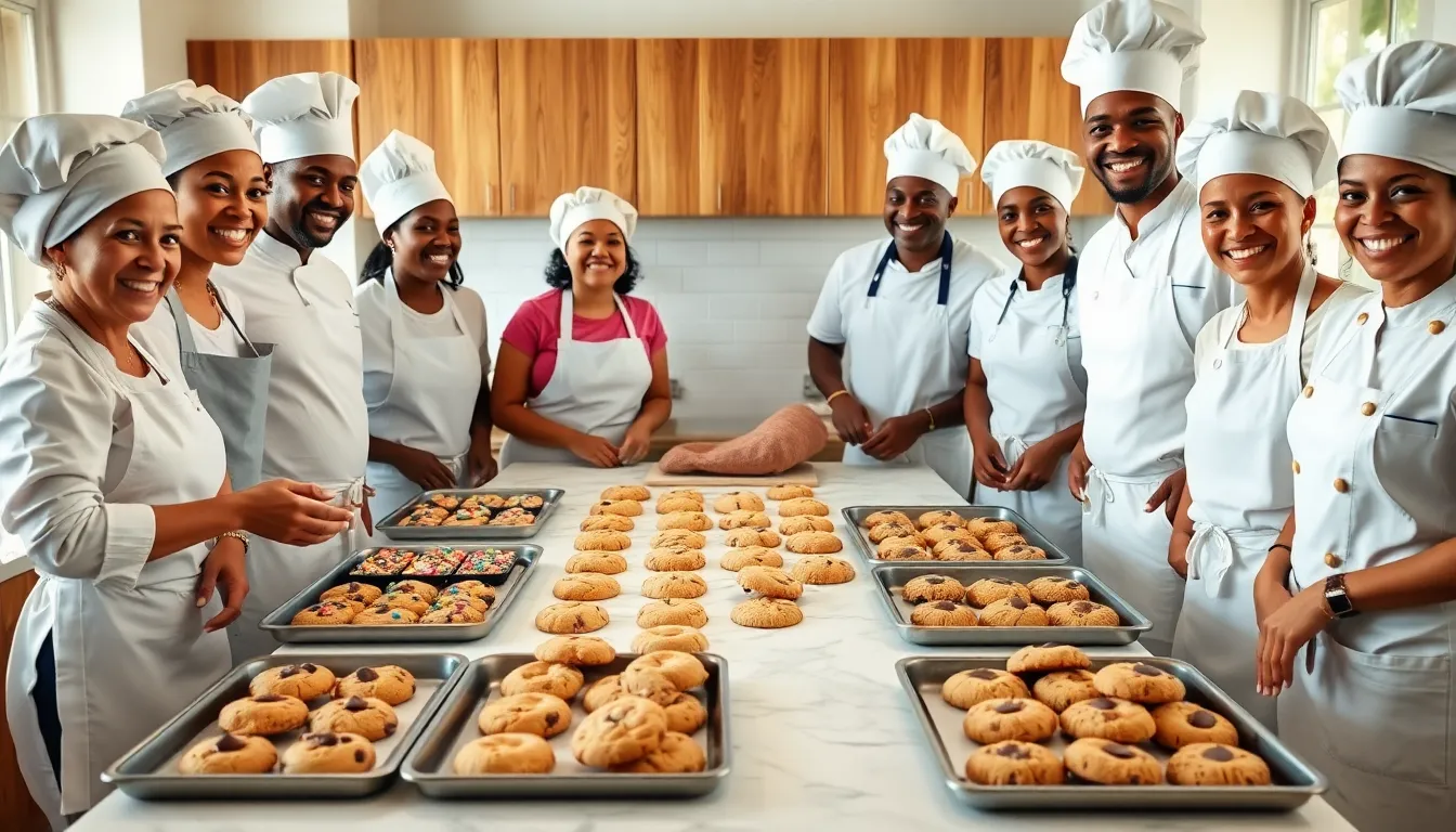 bakers creating diverse cookies in a warm kitchen.
