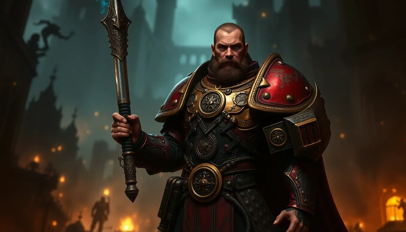 A Daemonhunter in ornate armor, gripping a glowing weapon in a ruined city.