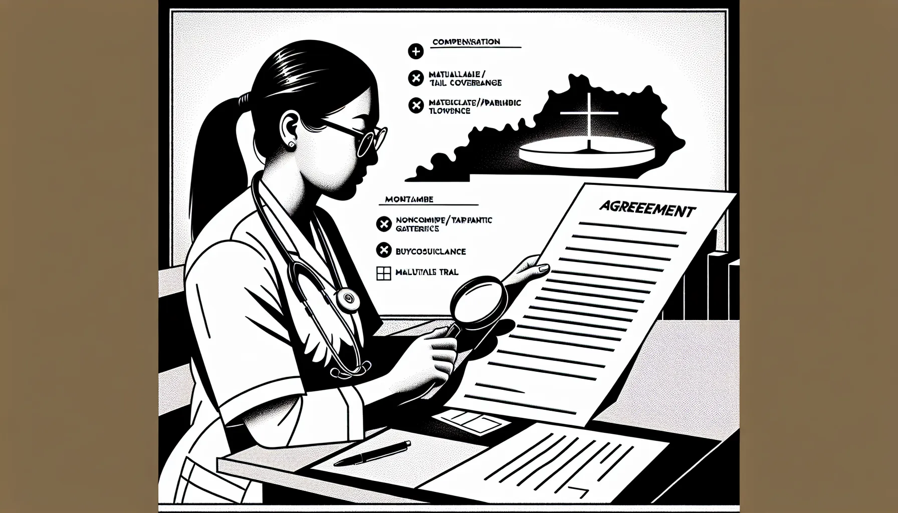 Veterinary associate examining a contract with icons for pay, noncompete, malpractice, and travel with a Kentucky Veterinary Contract Review.