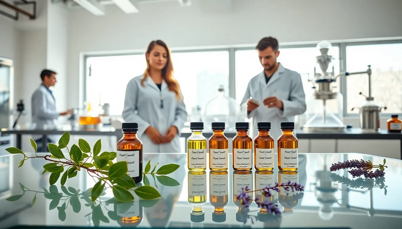 Professionals distilling and testing essential oils in a modern lab.