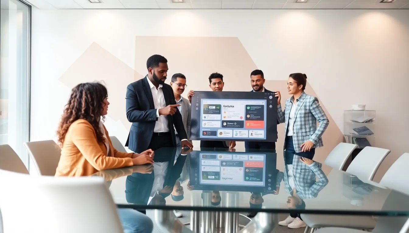 diverse team collaborating on Ssongssong40 technology in a modern office.