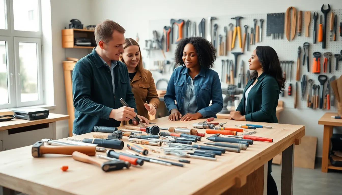 diverse professionals discussing hand tools in a modern workshop.