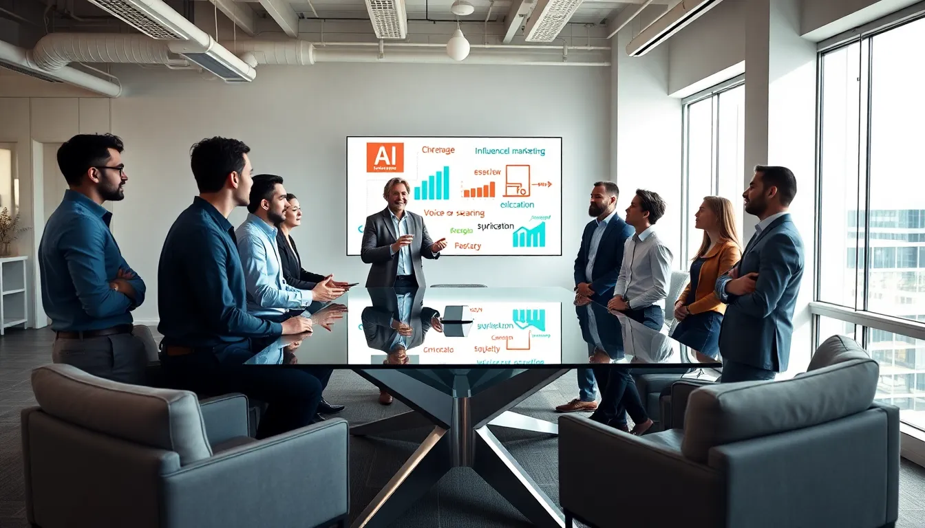 diverse team discussing digital marketing trends in a modern office.