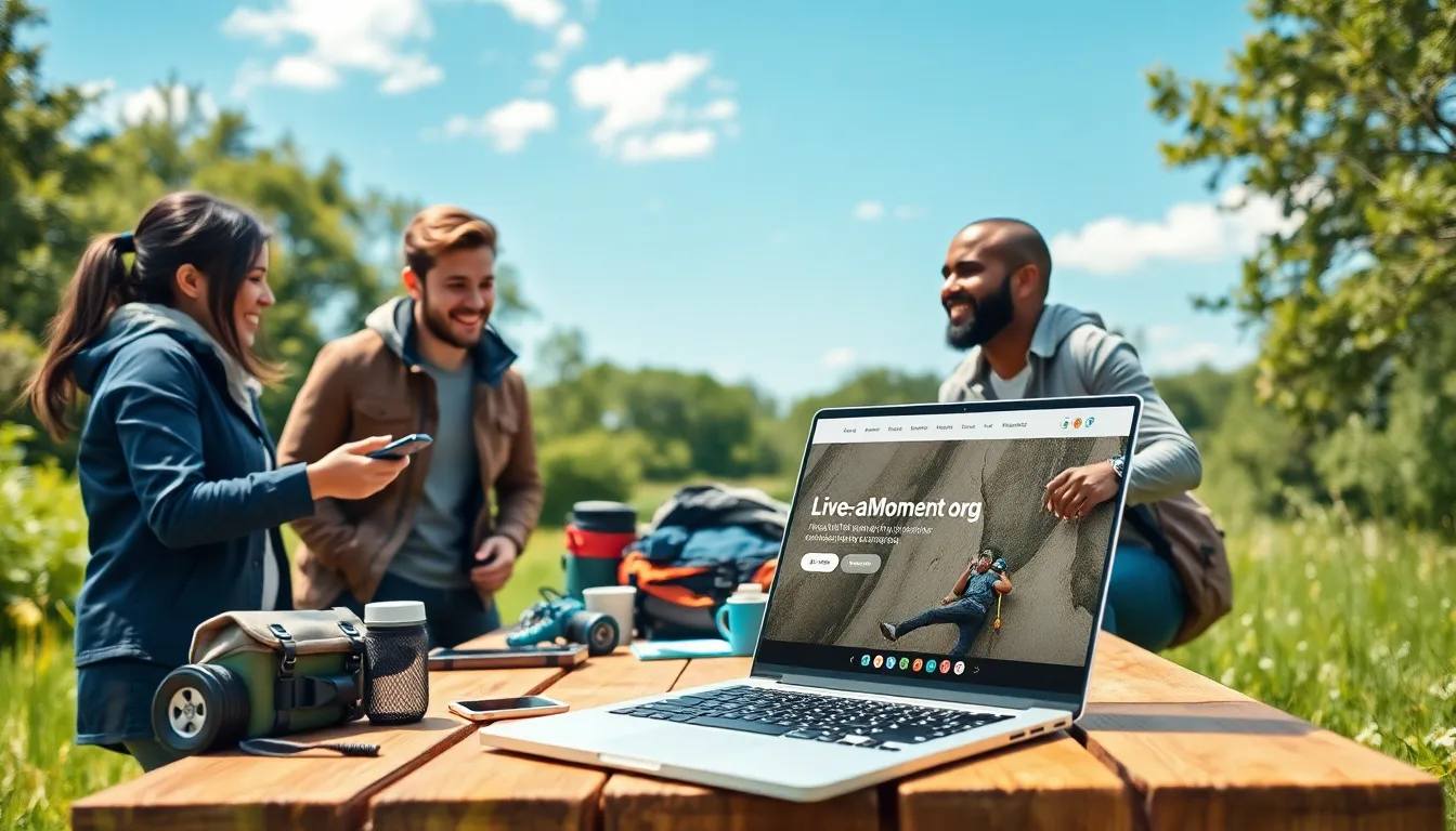 diverse individuals planning an adventure outdoors with a laptop.