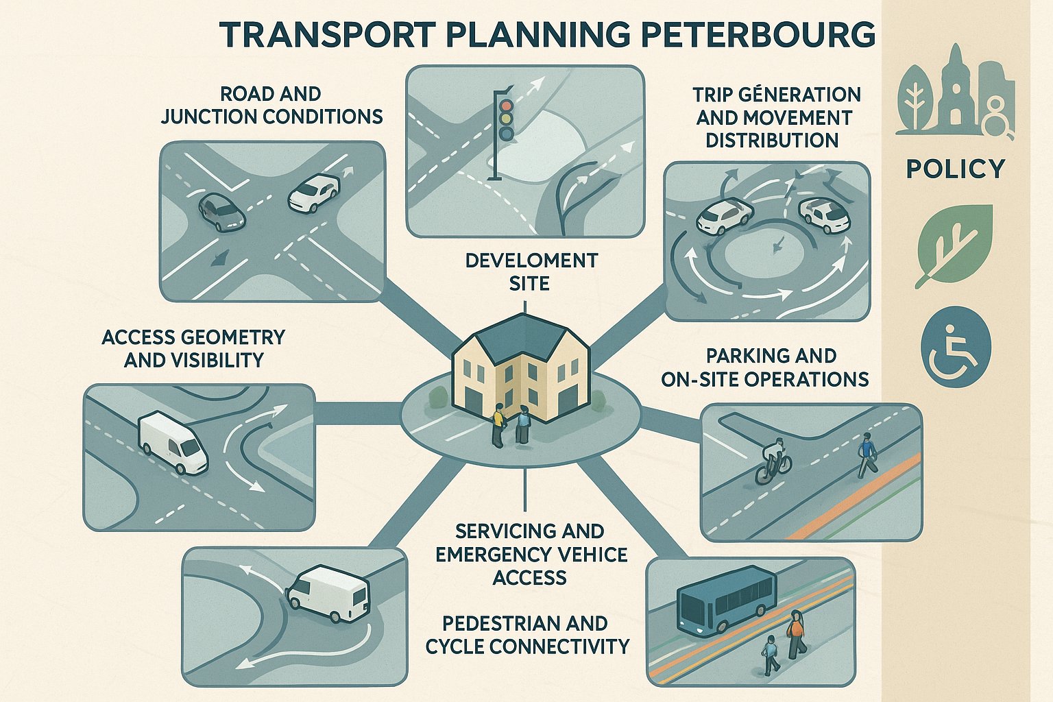 Infographic of transport planning elements for a development site in Peterborough.