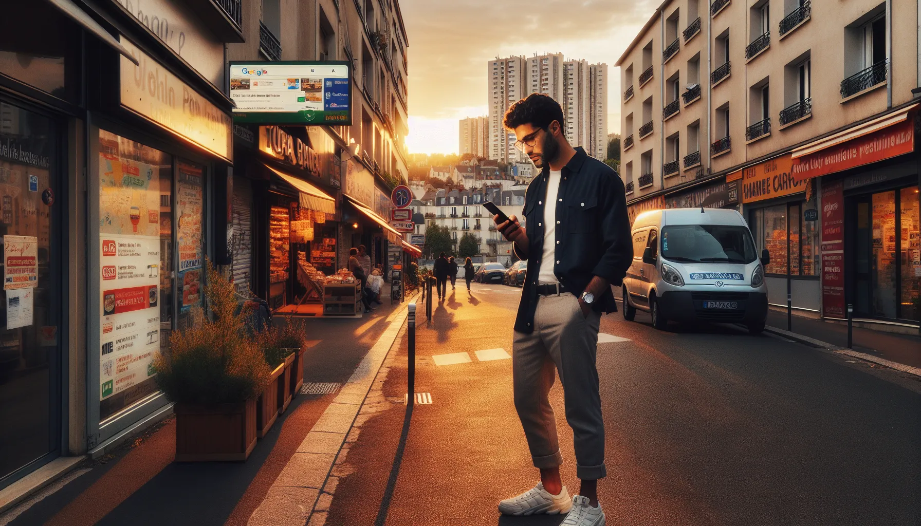 Man in Vitry-sur-Seine using Google on his smartphone to find local services.