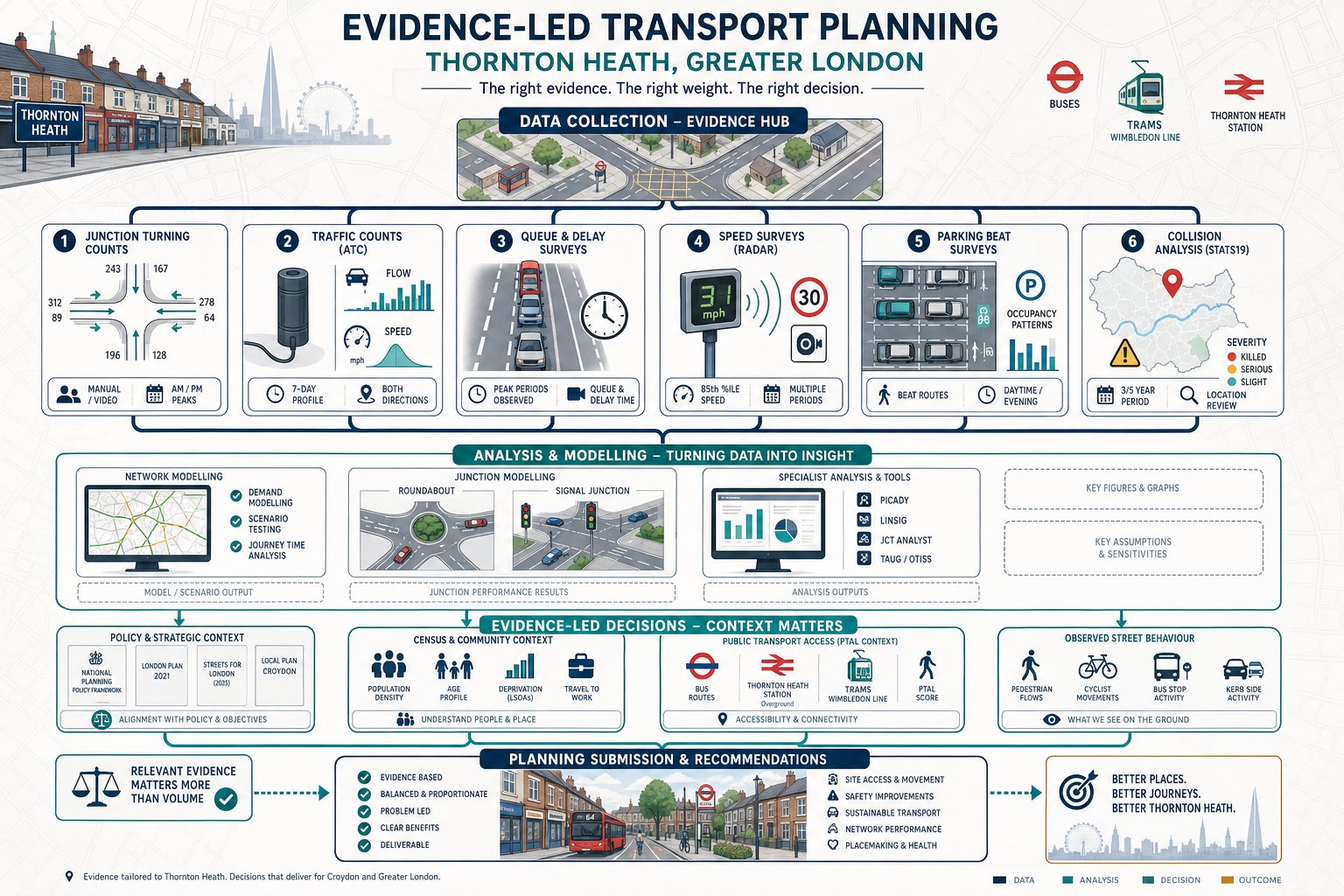 Traffic survey data flowing into transport planning decisions for a Thornton Heath site.