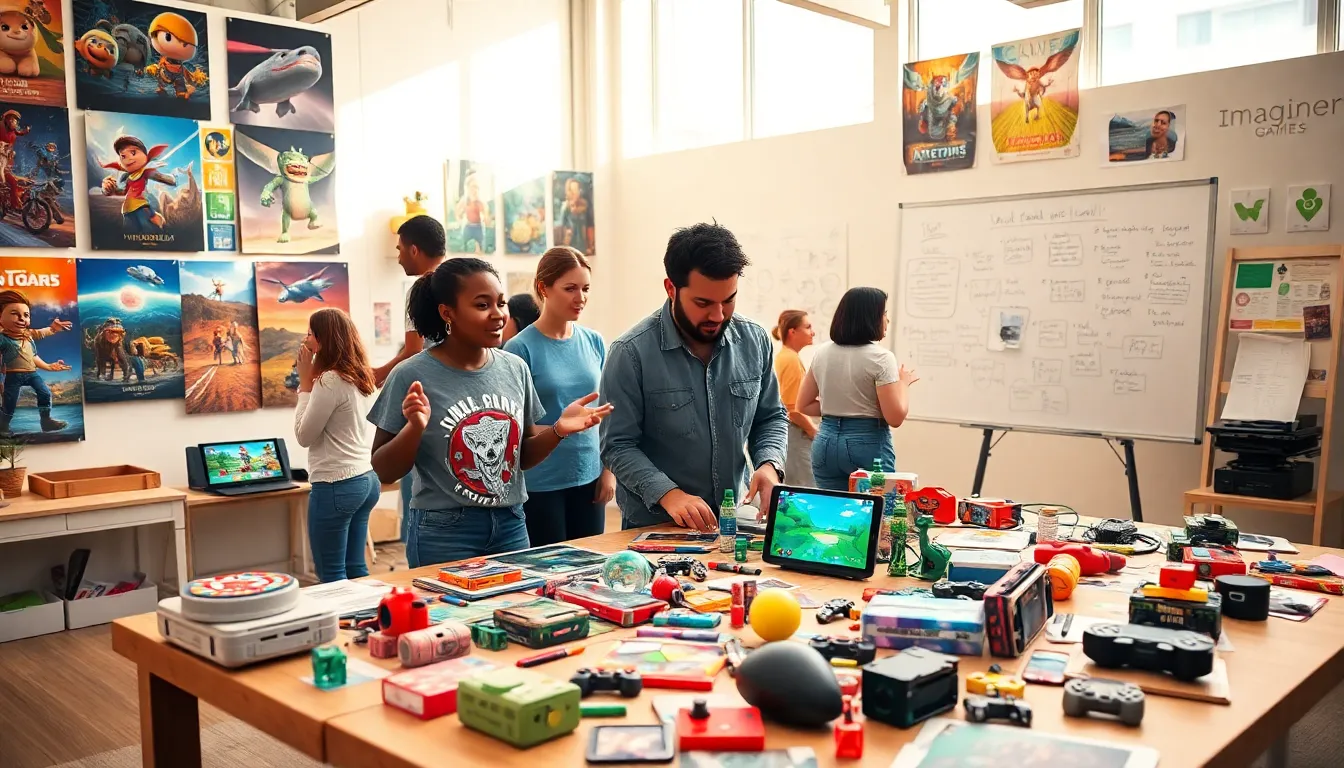 a diverse team collaborating on innovative educational games in a bright studio.