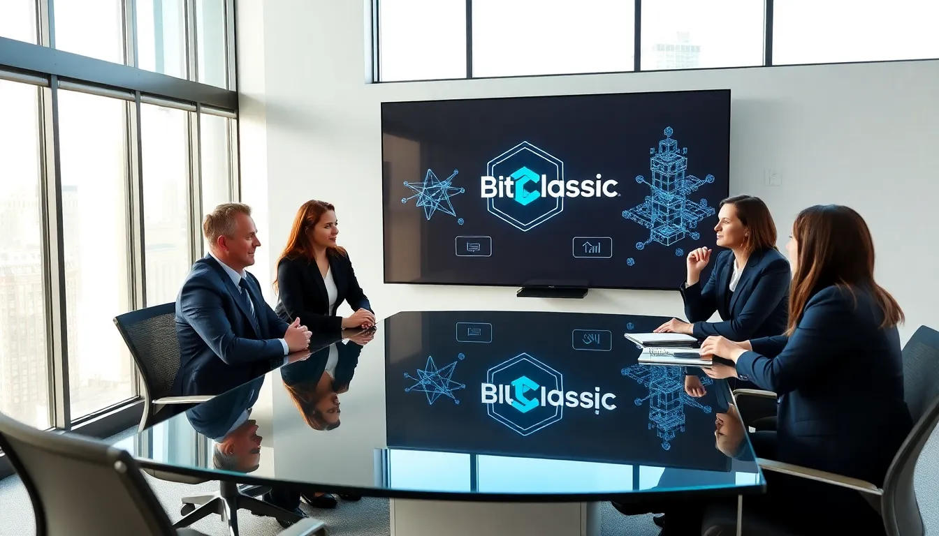 diverse professionals discussing cryptocurrency in a modern office.