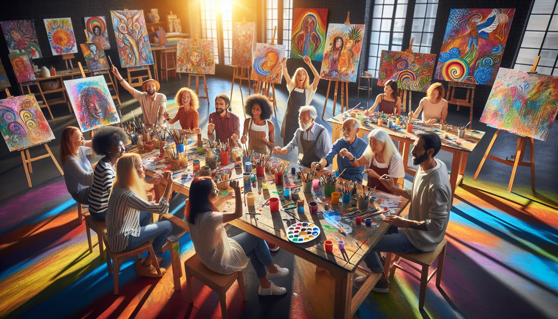 diverse group creating art in a bright community studio.