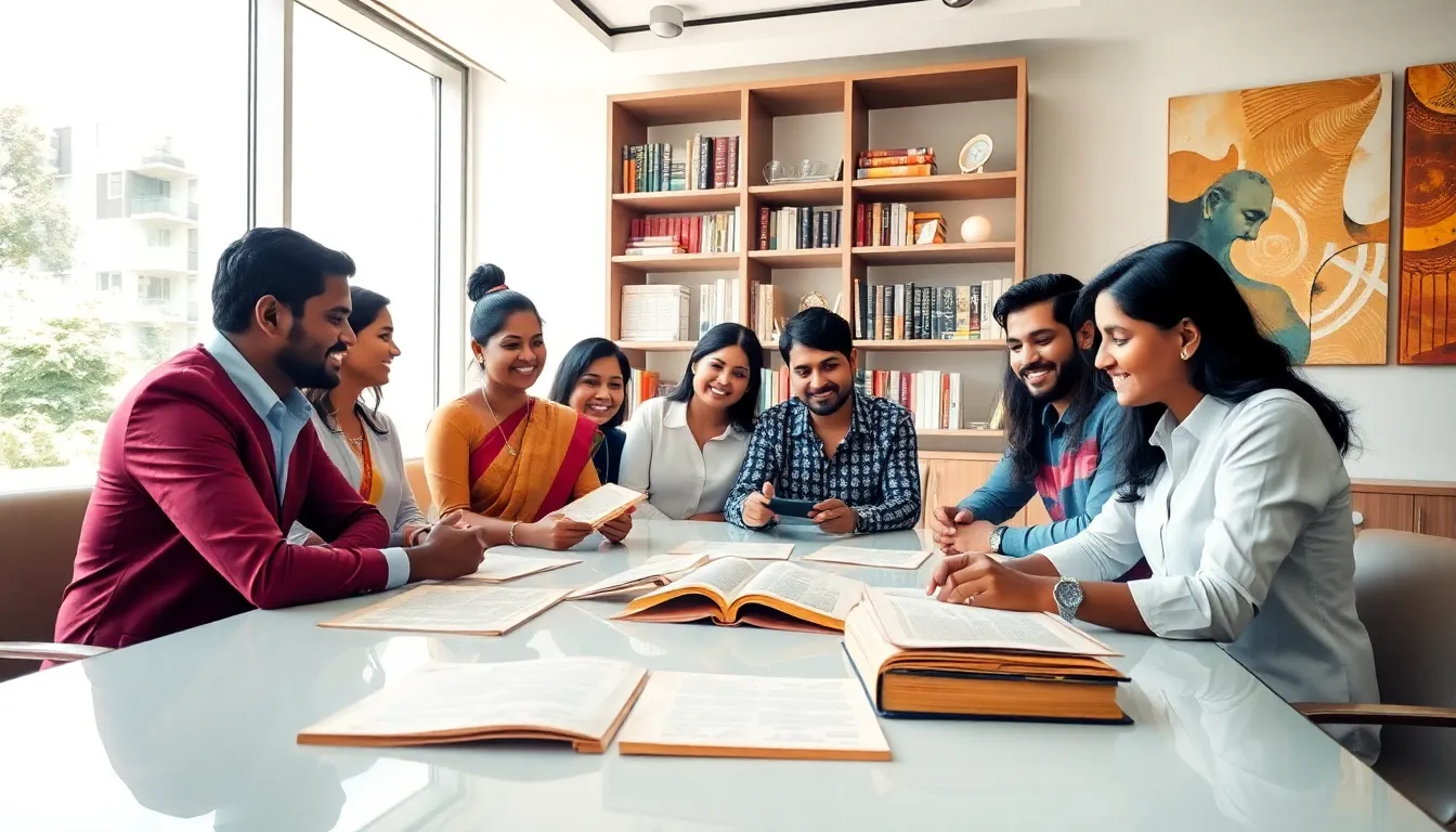diverse professionals discussing Tamil Kamaksthai in a modern office.