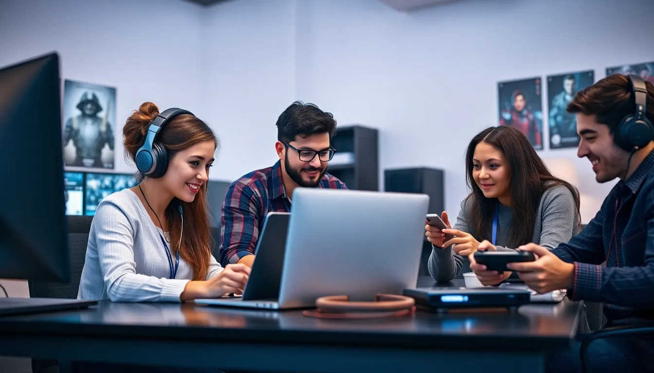 diverse gamers collaborating around laptops and consoles in a modern workspace.