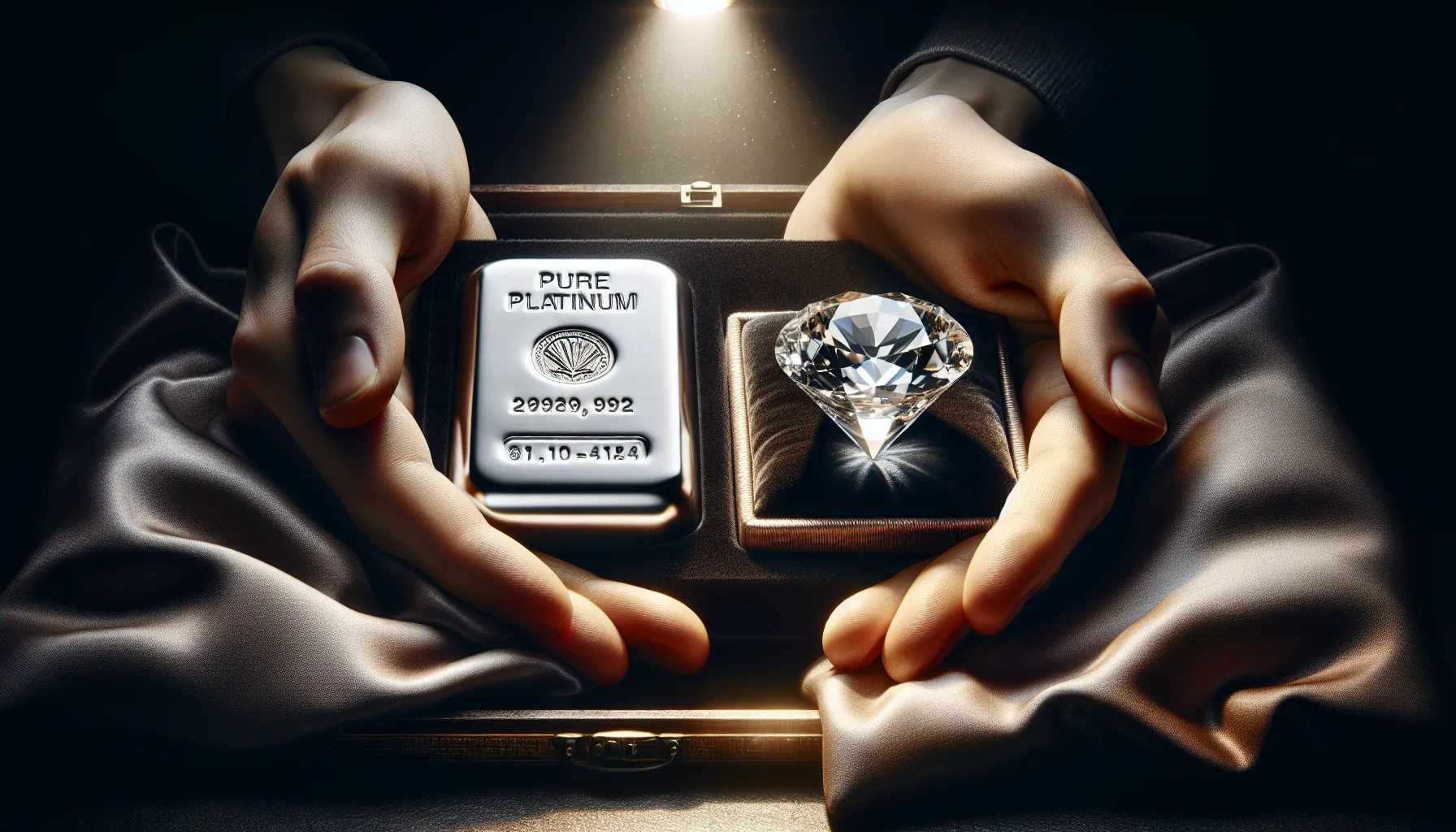 A platinum bar and a diamond displayed under focused lighting.
