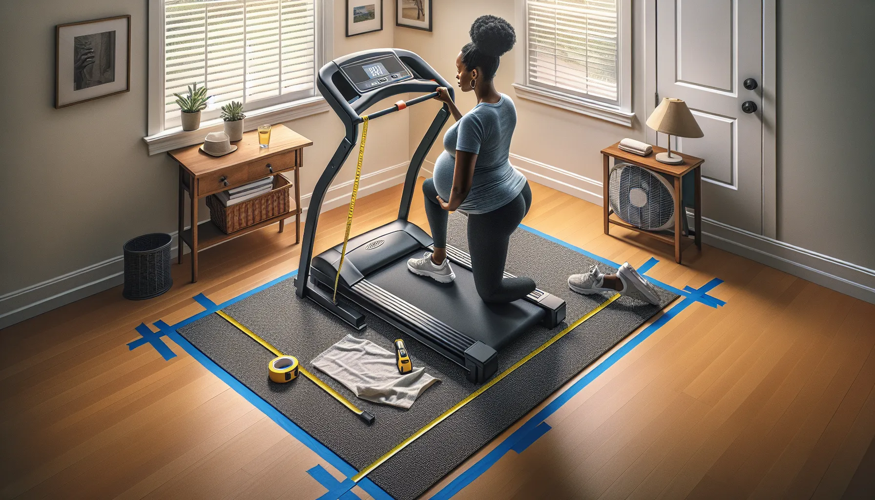 Pregnant woman measuring space around a foldable treadmill on a floor mat.