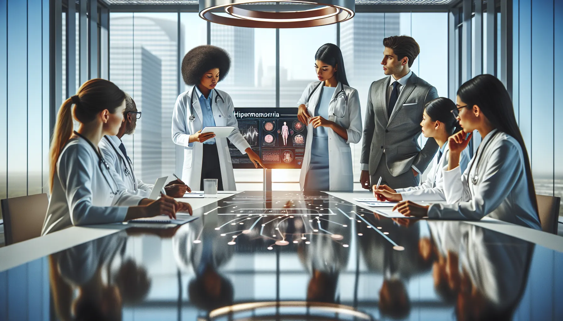 healthcare professionals discussing hipermenorreia in a modern office.