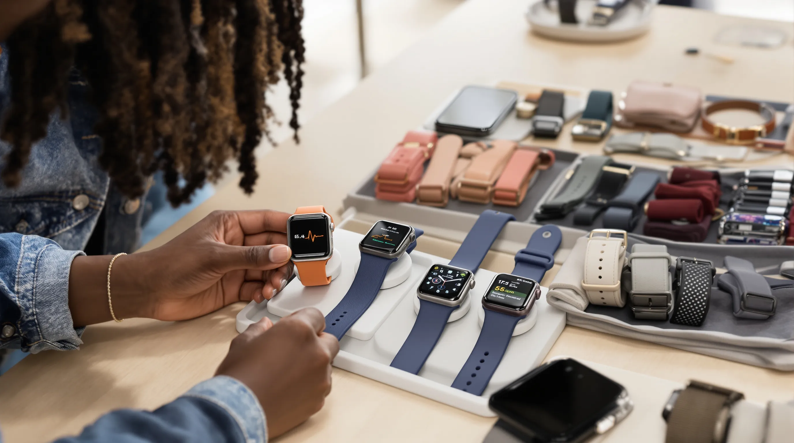 Woman compares Apple Watch models and bands, iPhone shows Family Setup.