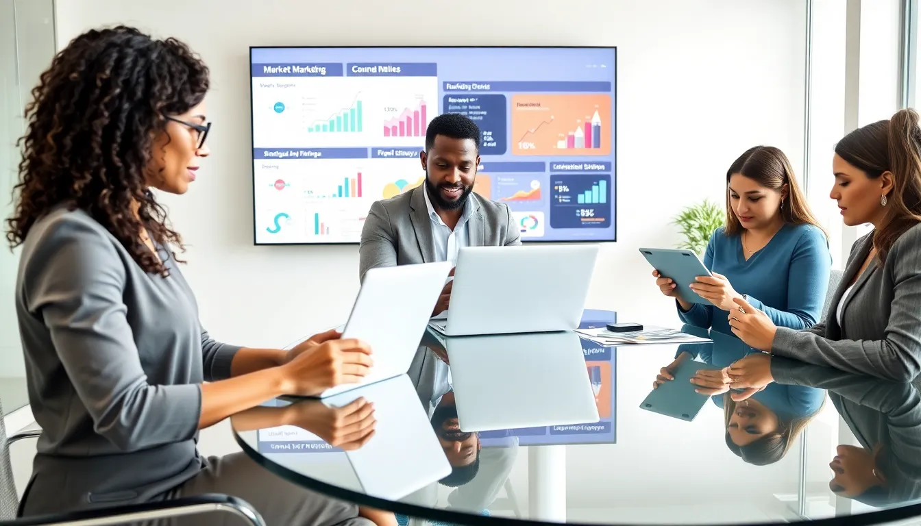 diverse team discussing marketing strategies in a modern office.