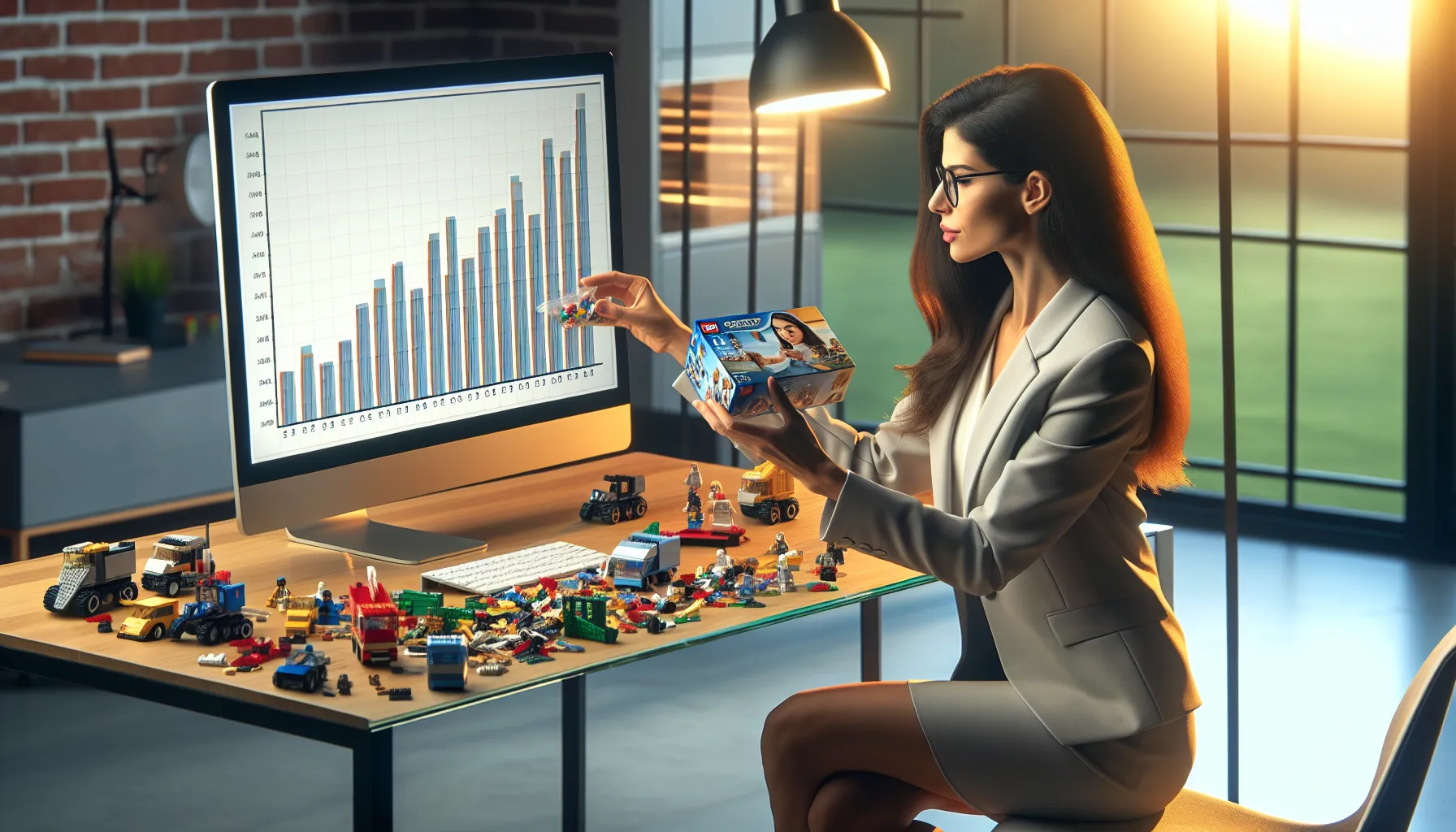 analyst in a modern office exploring Lego piece to price ratios.