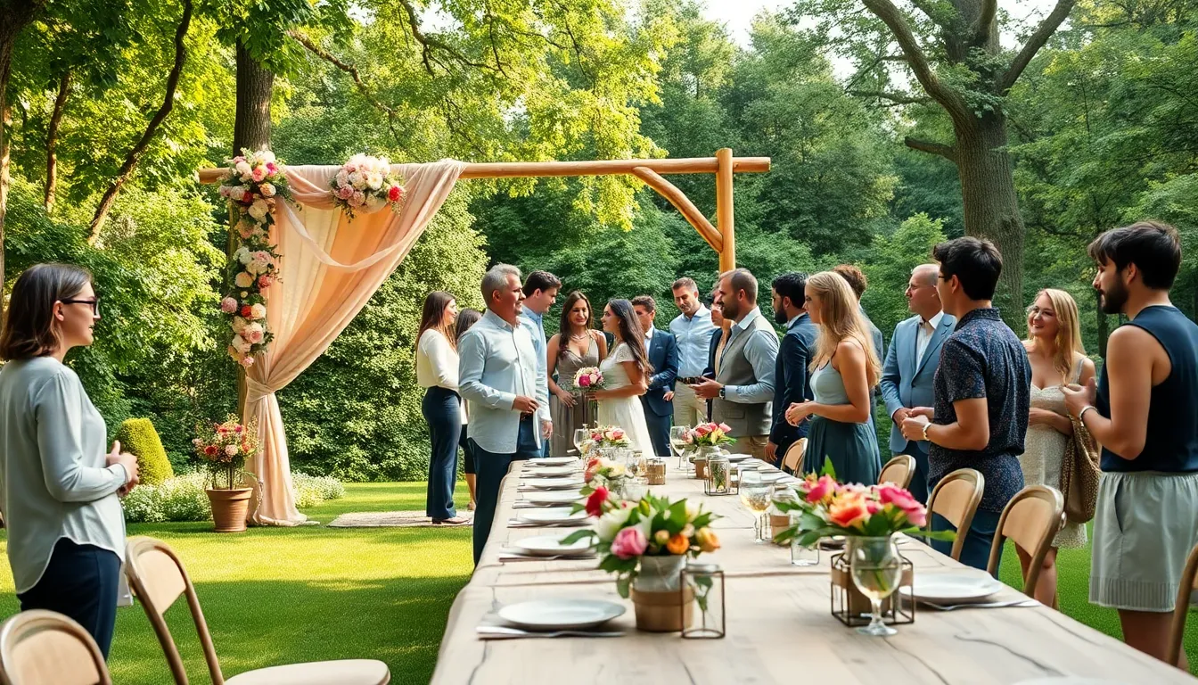 outdoor garden wedding setup with creative decorations.