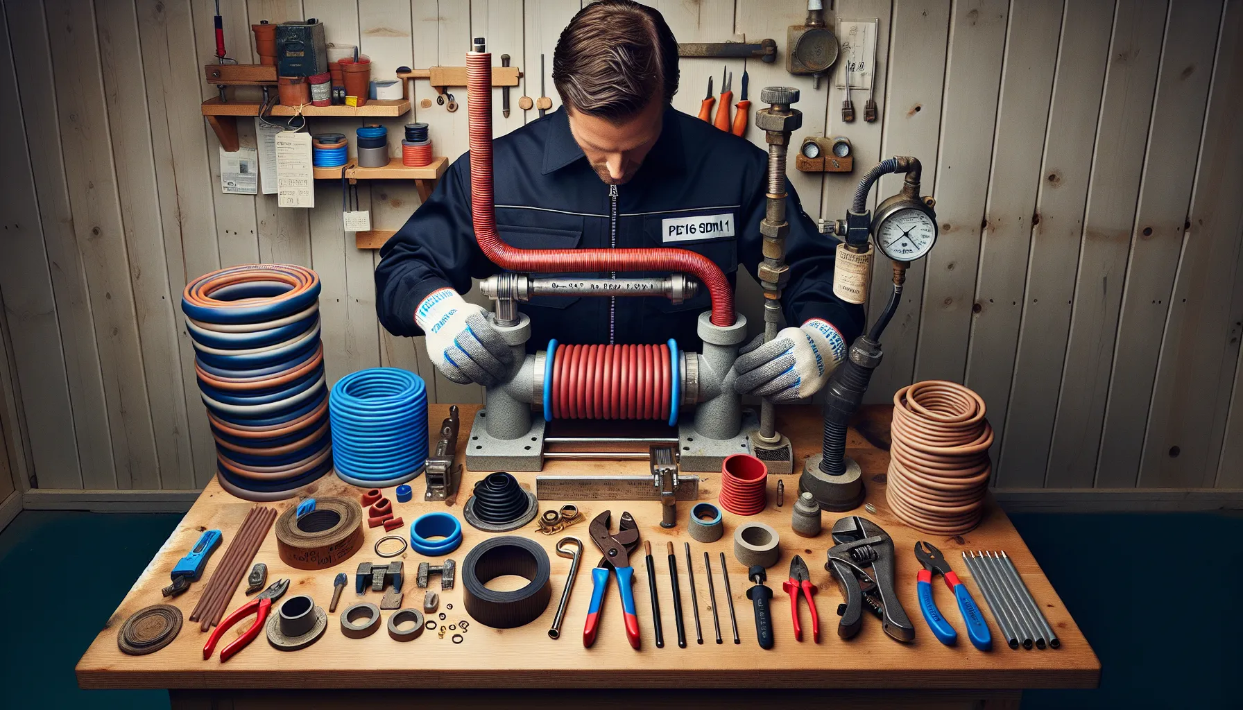 Norwegian plumber bending pex beside labeled pvc, hdpe, pp pipes and fittings.